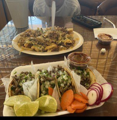 Carne asada tacos and carne asada fries