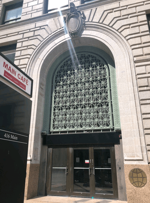 The front entryway that enters into the main elevator lobby.