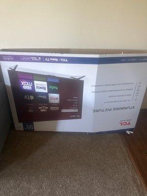 The box that the tv came in. Once again, no power cable, remote or instruction manual but BB can't do anything to help