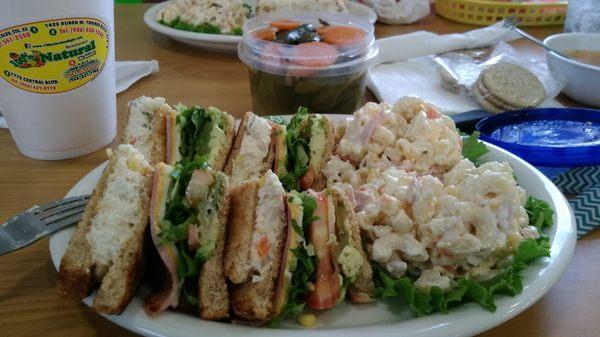 Club sandwich plate was good.  It had chicken salad,  cheese,  lettuce,  avocados,  tomatoes, wheat bread