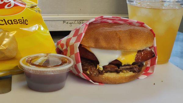 Brisket, Sausage with cheese sandwich