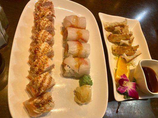 Gyoza appetizer, Thai chili roll , and angry dragon roll