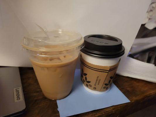 Small iced latte, small hot latte.