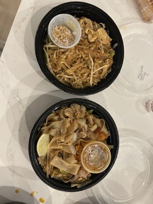 Chicken Pad Thai and Chow Fun pork noodles