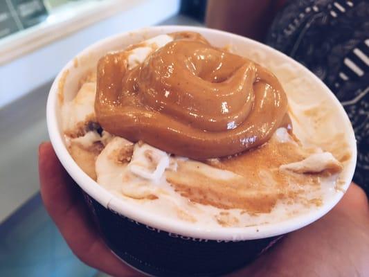 Amaretto ice cream with peanut butter sauce and cookie dough