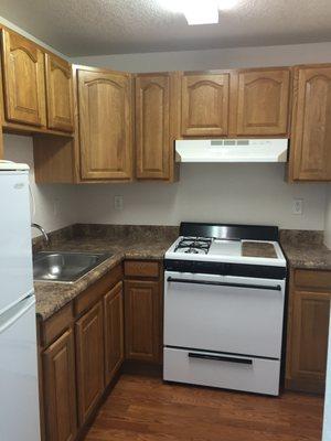 The kitchen in my studio apartment at Parkway Apartments.