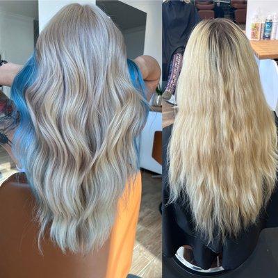 platinum roots & tone & added blue hairline