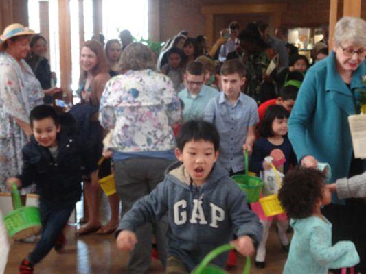 Easter: Children running to egg hunt