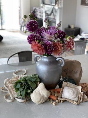 Flowers, lions main mushroom, carrots, fresh mint