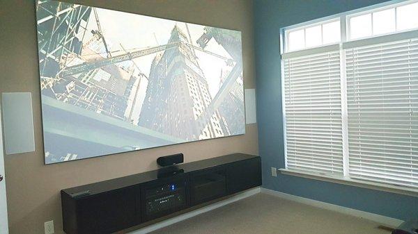 120" Elite Screens projector screen, BenQ projector, and Polk Audio 5.1 surround sound.