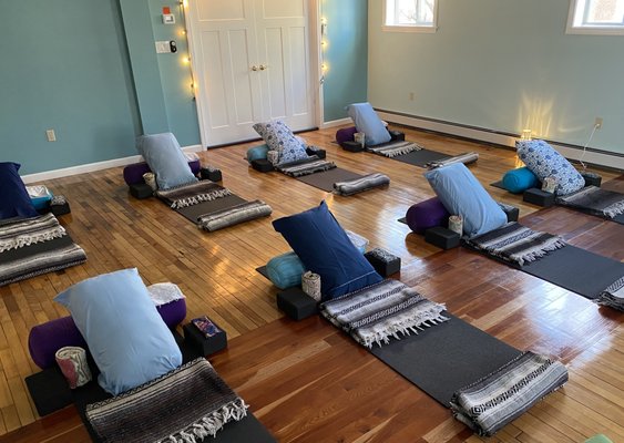 Prepped and ready for Restorative Yoga with Reiki and Crystal Sound Bowls