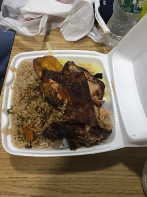 Jerk chicken, rice and peas, cabbage and plantains