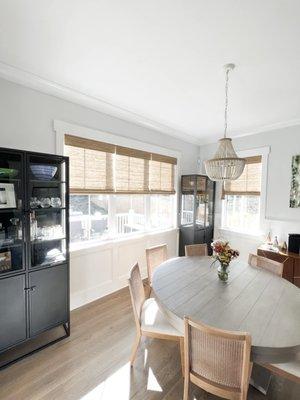 Cordless woven wood shades with a light filtering liner