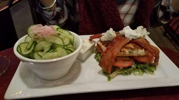 Salmon burger w marinated cucumber salad