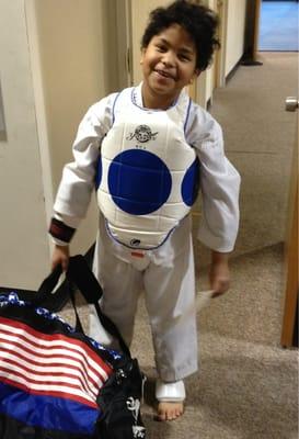 My son in his Tarkwondo sparring gear