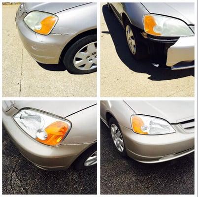 Top and bottom left show the clear headlights after cleaning them. Right side is new bumper