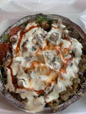 Chicken & Lamb Gyro plate-also contains rice, romaine, and white sauce with touch of spicy sauce. Very fresh, hot, and delicious!