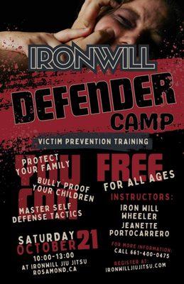 IronWill Defender Camp

Free event for self defense for all ages in Rosamond, CA!

Free T-Shirt for all participants