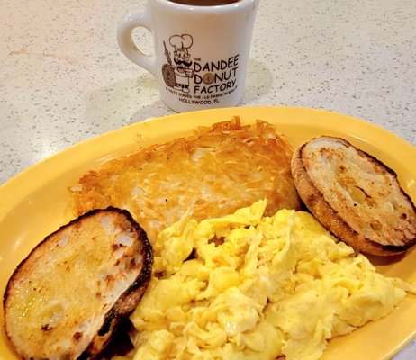 All American breakfast! 2 eggs, hash browns, English muffin, and coffee.