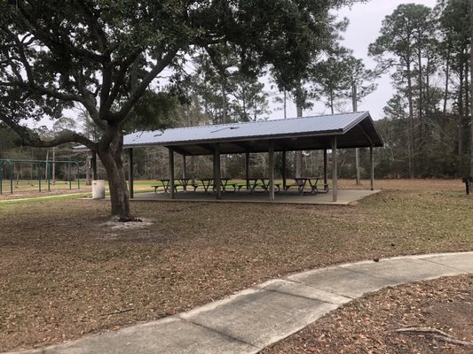 One of the many pavilions with picnic tables, grills, and garbage cans