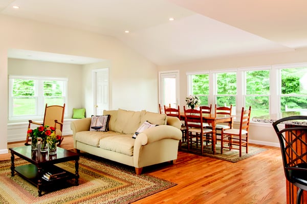 Conversion of garage into a dining and livingroom with a bathroom.