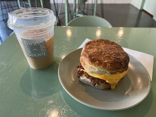 Killer breakfast sandwich! Bacon, egg, and cheese on a huge, fluffy biscuit! So good!