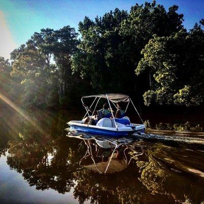 Motorized Pedal Boats help fight the current when the River is flowing harder than normal