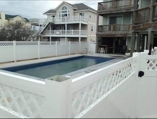 Large special order fiberglass pool, deck and fence built in Whalehead, NC