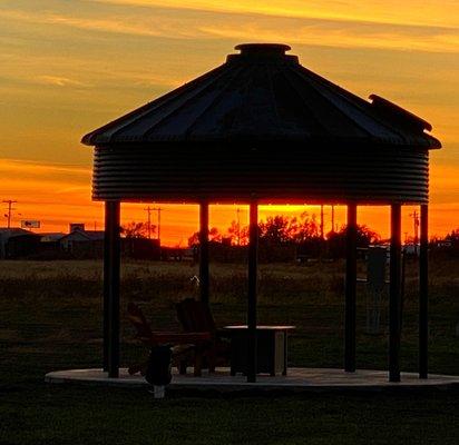 Grain Bin gazebo at sunset.