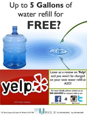 Current promotion! :) Leave us a review and get up to five gallons of water refill for FREE :)