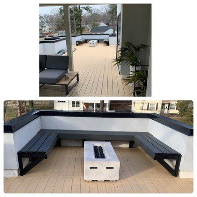 Custom built in bench on rooftop deck.