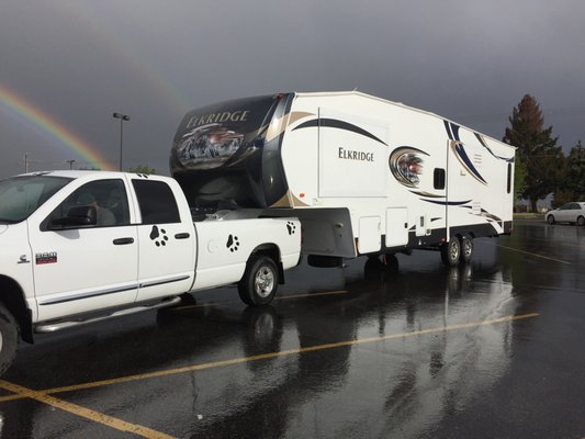 Our new fifth wheel camper from Rocky Mountain RV Butte Mt. 
 Look out Canyon Ferry here we come !! Super excited about our new lake cabin!!