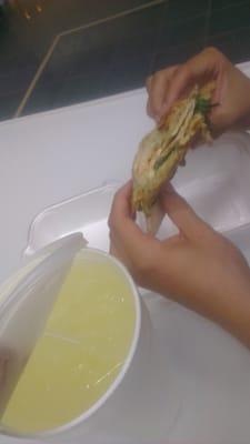 Small chicken focatto, 3.95$. Lemonade drink, big, 1,89$.