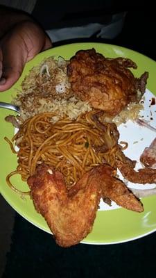 Egg Foo Young, Fried Rice, Hong Kong Lo Mein, Wings  (my son's messy plate)