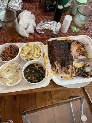 1/2 slab of ribs, 1/2 of chicken and 4 sides:black eyed peas, Mac &cheese, mashed potatoes and greens