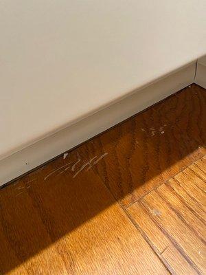 Damaged preexisting wood flooring during install