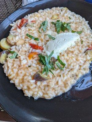 Risotto with baby eggplant from garden, herb and goat cheese