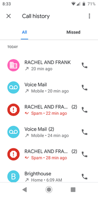 Screen Shot of Spectrum Calling_Rachel and Frank are the Callers. Top was me ReCalling & glad it was not a true Spam.