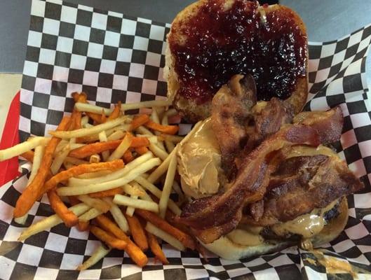 Peanut Butter & Jelly Bacon Burger!!! Salty Sweet!!! Next Time you stop by Driller's... Try this Amazing Burger!