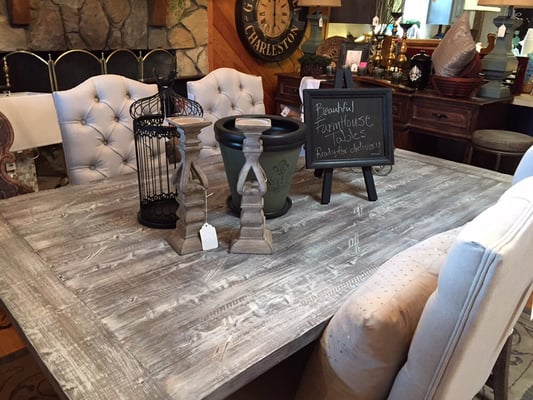 Custom farm tables are our specialty...this "white wash" beauty in our showroom is a must see.