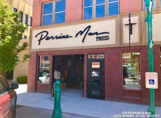 PerrineManPress is located in Downtown Twin Falls, at 125 Main Ave. West, Twin Falls, Idaho. They are a local, hand drawn and amazing!