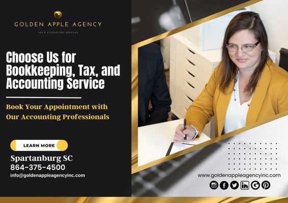 Choose Us for Bookkeeping, Tax, and Accounting Service. Book Your Appointment with Our Accounting Professionals

#goldenappleagencyinc