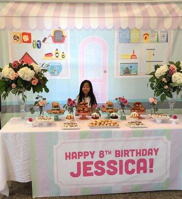 Pet Shop Themed Bday Party.  The space was big enough to fit 2 8x10 banners.  This was #1 that displayed the desserts.