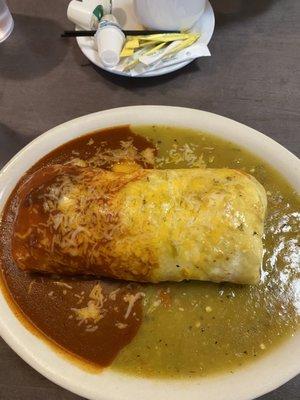 Breakfast burrito with merry Christmas chile combo.