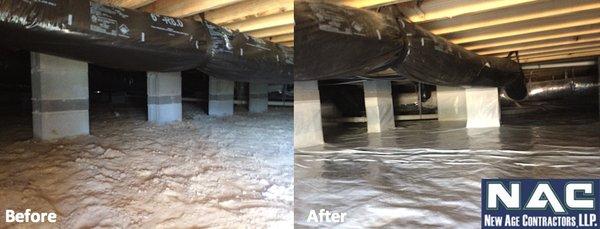 A side by side comparison of a crawlspace before and after it received the CleanSpace vapor barrier.