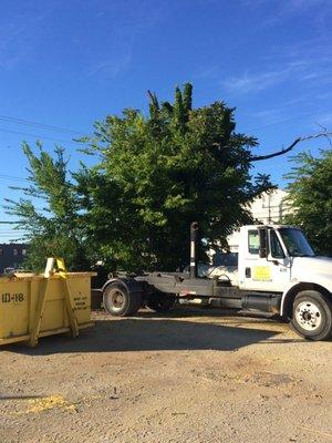 10 cubic yard dumpster and a delivery truck