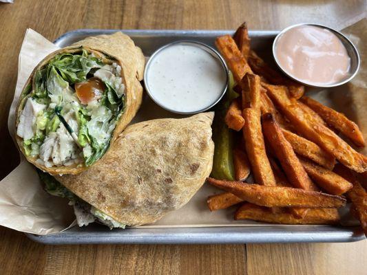 Chicken Caesar Wrap with Sweet Potato Fries @ Meriwether's.