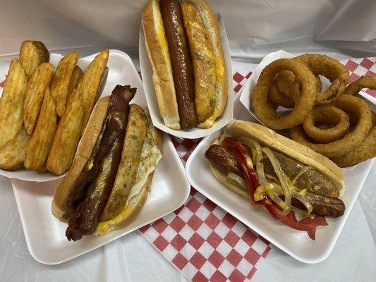 Morning dog , spicy fry dog and bacon fry dog with onion rings and wedges