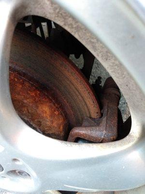 "New" brakes installed -- shot calipers, rusted and flaking rotors and pads in under three months.