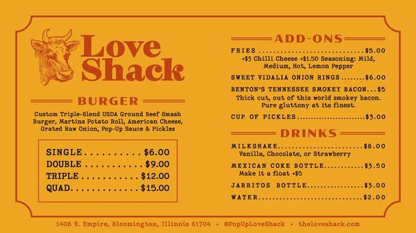 The Love Shack Menu as of 11/3/2022